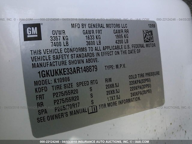 1GKUKKE33AR148879 - 2010 GMC YUKON XL K1500 SLT WHITE photo 9