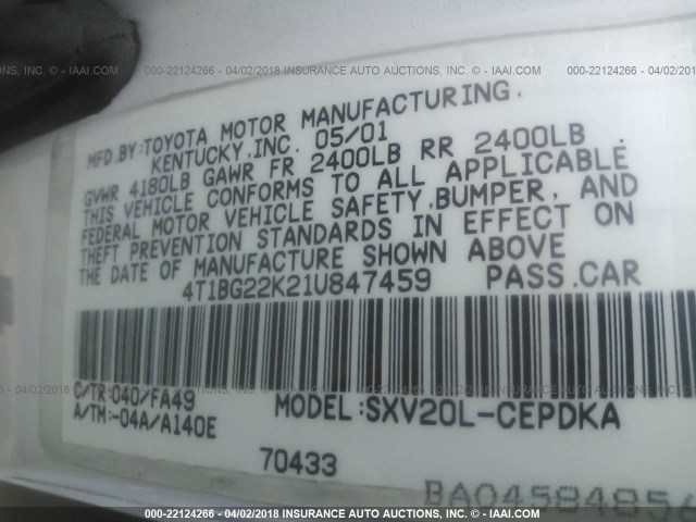 4T1BG22K21U847459 - 2001 TOYOTA CAMRY CE/LE/XLE 白色 照片 9