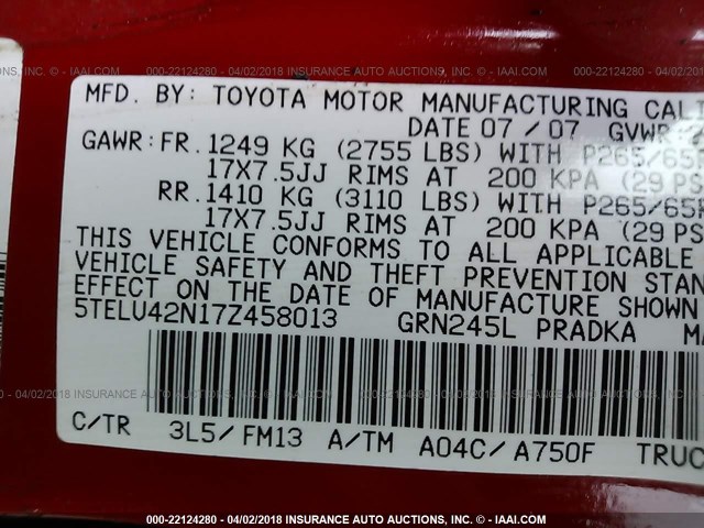 5TELU42N17Z458013 - 2007 TOYOTA TACOMA DOUBLE CAB წითელი ფოტო 9