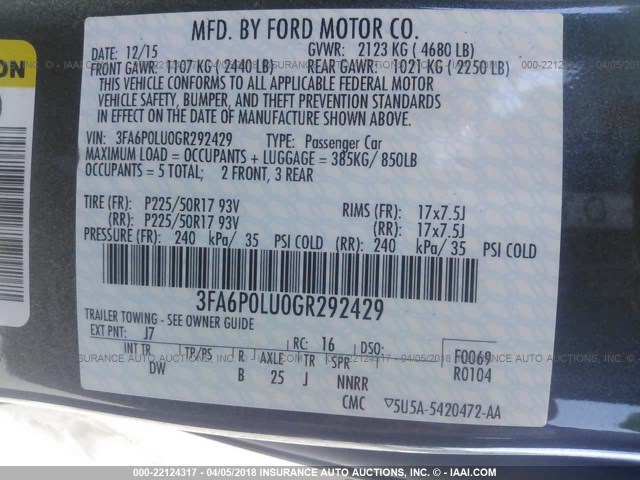 3FA6P0LU0GR292429 - 2016 FORD FUSION SE HYBRID GRAY photo 9