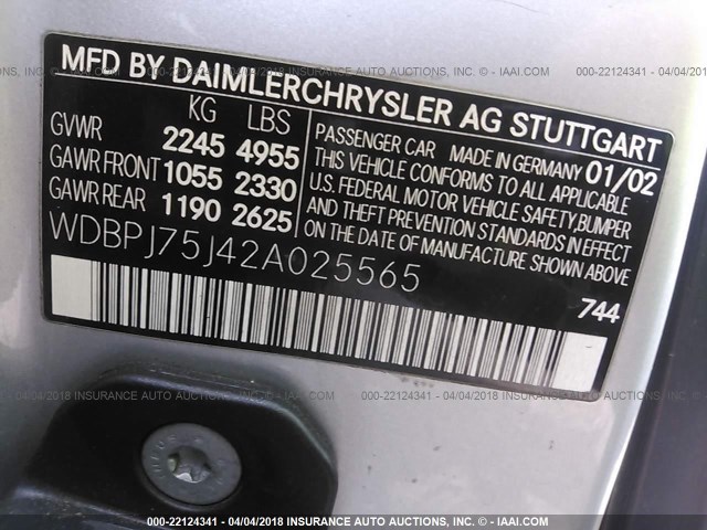 WDBPJ75J42A025565 - 2002 MERCEDES-BENZ CL 500 SILVER photo 9