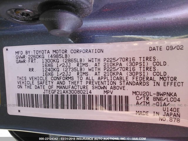 JTEGF21AX30080214 - 2003 TOYOTA HIGHLANDER LIMITED BLUE photo 9