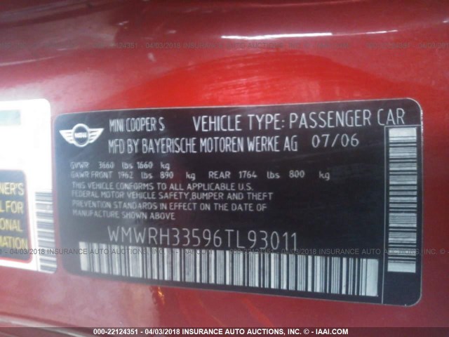 WMWRH33596TL93011 - 2006 MINI COOPER S RED photo 9