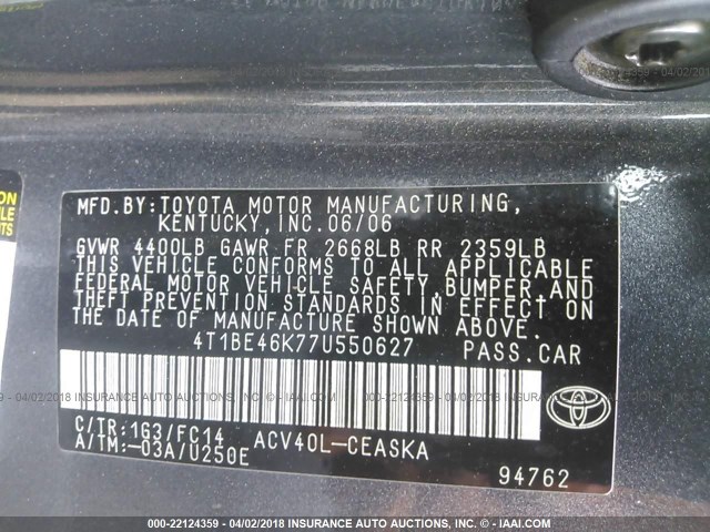 4T1BE46K77U550627 - 2007 TOYOTA CAMRY NEW GENERAT CE/LE/XLE/SE GRAY photo 9