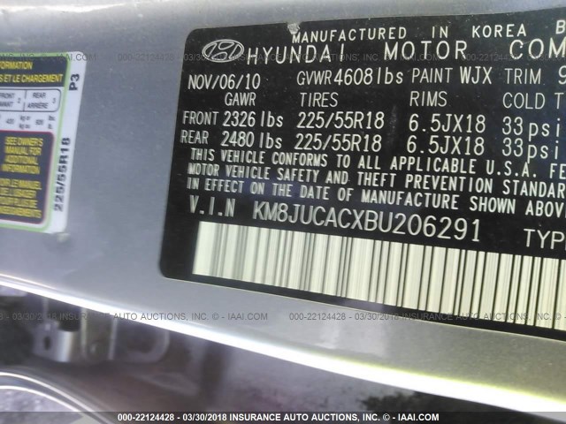 KM8JUCACXBU206291 - 2011 HYUNDAI TUCSON GLS/LIMITED GRAY photo 9