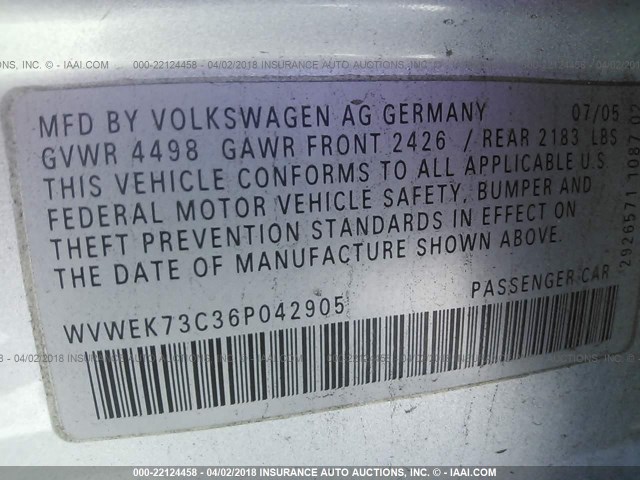 WVWEK73C36P042905 - 2006 VOLKSWAGEN PASSAT 2.0T LUXURY SILVER photo 9