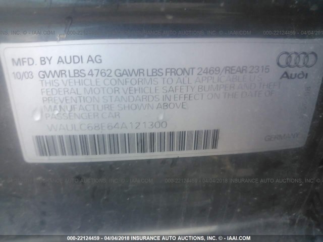 WAULC68E64A121300 - 2004 AUDI A4 1.8T QUATTRO GRAY photo 9