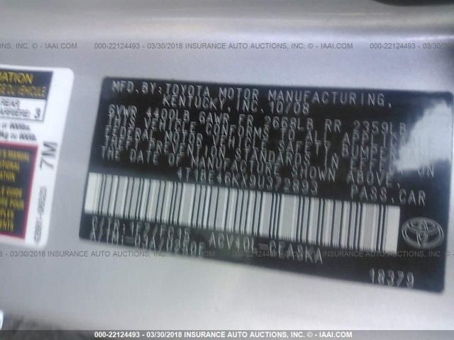 4T1BE46KX9U372893 - 2009 TOYOTA CAMRY SE/LE/XLE Серебристый фото 9