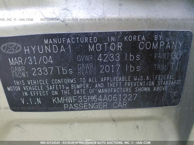 KMHWF35H64A061227 - 2004 HYUNDAI SONATA GLS/LX GOLD photo 9