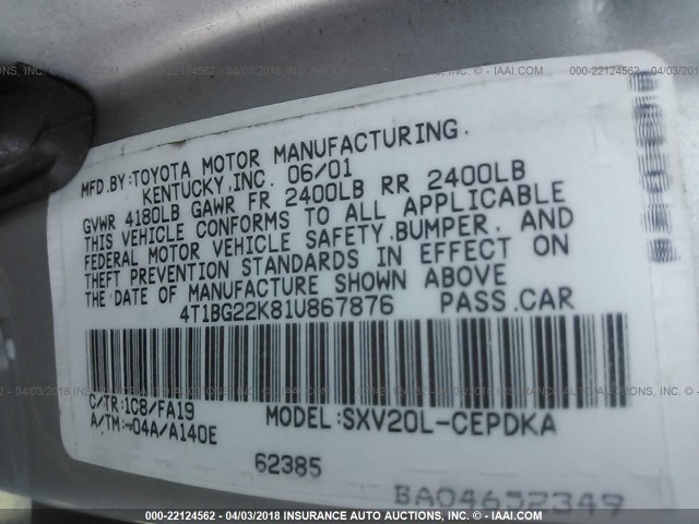 4T1BG22K81U867876 - 2001 TOYOTA CAMRY CE/LE/XLE SILVER photo 9