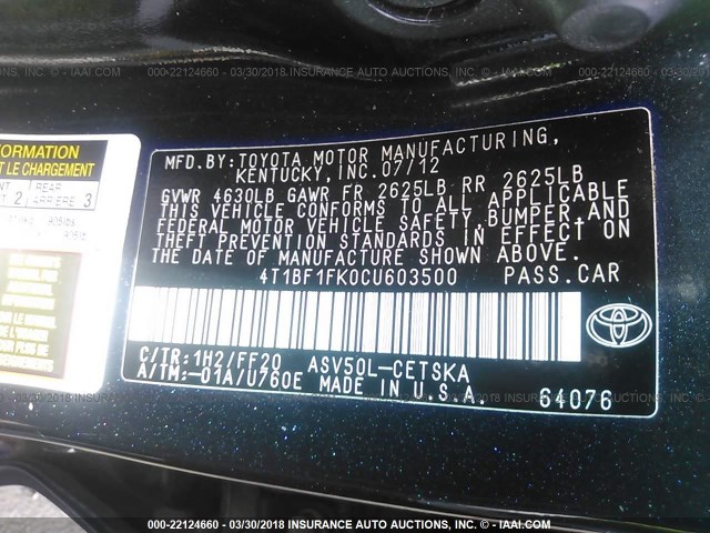 4T1BF1FK0CU603500 - 2012 TOYOTA CAMRY SE/LE/XLE BLACK photo 9