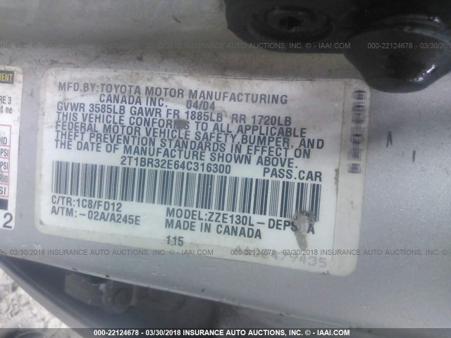 2T1BR32E64C316300 - 2004 TOYOTA COROLLA CE/LE/S SILVER photo 9