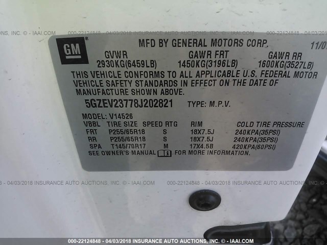 5GZEV23778J202821 - 2008 SATURN OUTLOOK XR თეთრი ფოტო 9