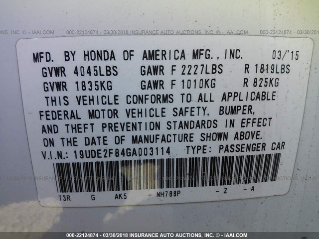 19UDE2F84GA003114 - 2016 ACURA ILX PREMIUM STYLE/TECH STYLE WHITE photo 9