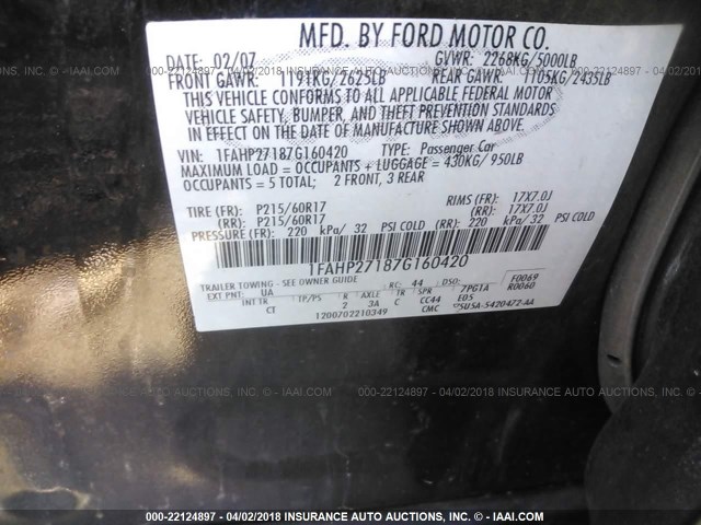 1FAHP27187G160420 - 2007 FORD FIVE HUNDRED SEL BLACK photo 9