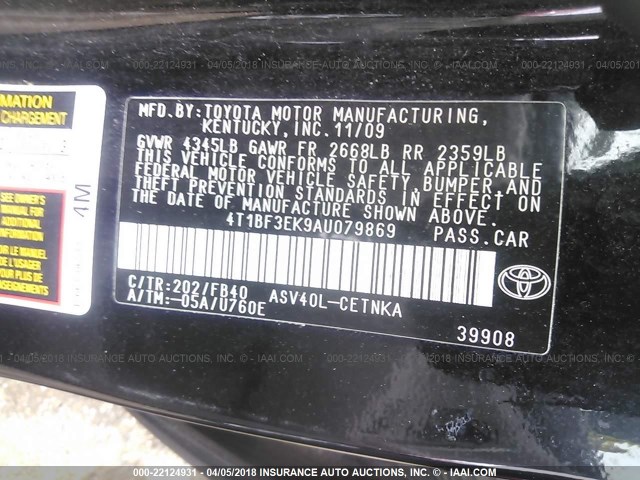 4T1BF3EK9AU079869 - 2010 TOYOTA CAMRY SE/LE/XLE BLACK photo 9