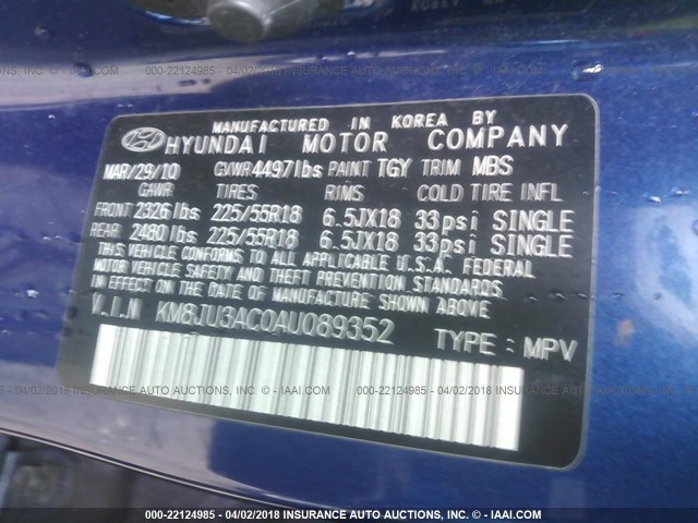 KM8JU3AC0AU089352 - 2010 HYUNDAI TUCSON GLS/LIMITED ლურჯი ფოტო 9