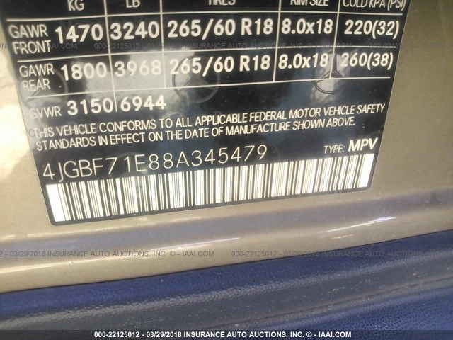 4JGBF71E88A345479 - 2008 MERCEDES-BENZ GL 450 4MATIC GOLD photo 9