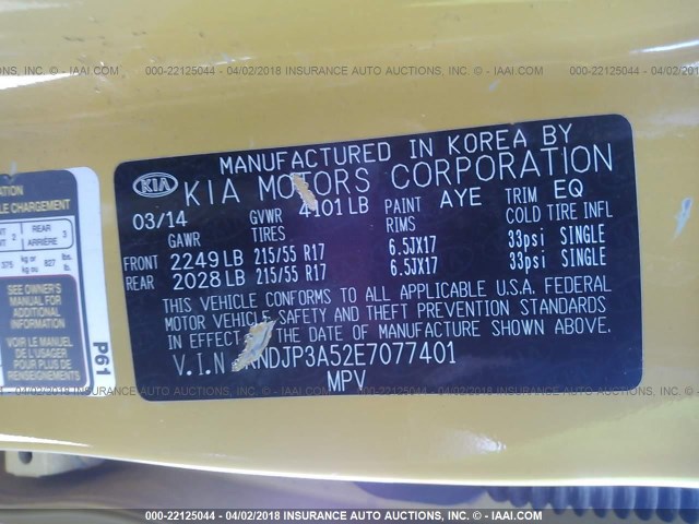 KNDJP3A52E7077401 - 2014 KIA SOUL + YELLOW photo 9