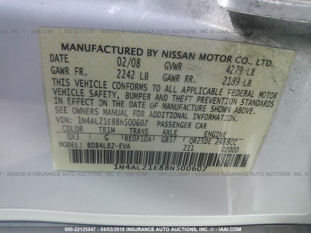 1N4AL21E88N500607 - 2008 NISSAN ALTIMA 2.5/2.5S WHITE photo 9