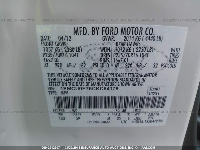 1FMCU0E75CKC64178 - 2012 FORD ESCAPE LIMITED WHITE photo 9