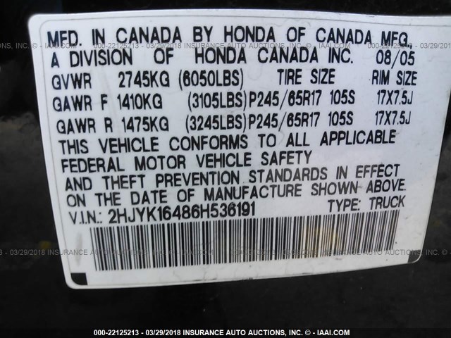 2HJYK16486H536191 - 2006 HONDA RIDGELINE RTS BLACK photo 9