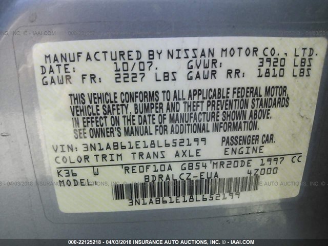 3N1AB61E18L652199 - 2008 NISSAN SENTRA 2.0/2.0S/2.0SL SILVER photo 9