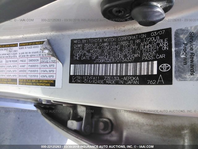 JTDBR32E870134337 - 2007 TOYOTA COROLLA CE/LE/S SILVER photo 9