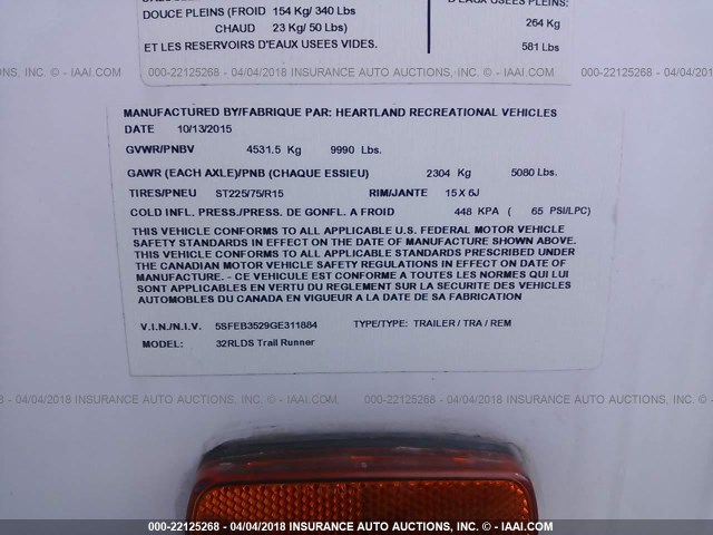 5SFEB3529GE311884 - 2016 HEARTLAND TRAIL RUNN  მუქი ლურჯი ფოტო 9