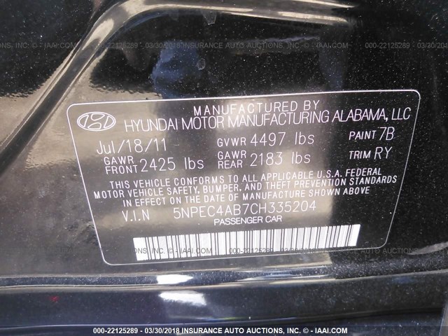 5NPEC4AB7CH335204 - 2012 HYUNDAI SONATA SE/LIMITED BLACK photo 9