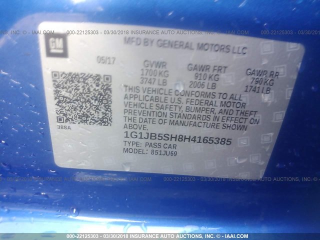 1G1JB5SH8H4165385 - 2017 CHEVROLET SONIC LS 蓝色 照片 9