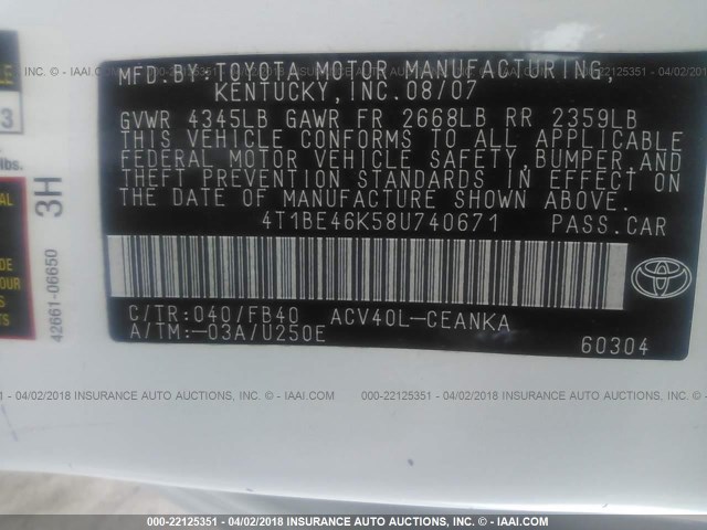 4T1BE46K58U740671 - 2008 TOYOTA CAMRY CE/LE/XLE/SE WHITE photo 9