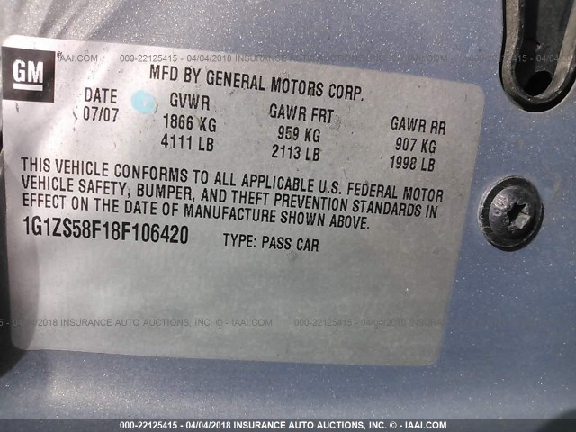 1G1ZS58F18F106420 - 2008 CHEVROLET MALIBU LS 灰色 照片 9