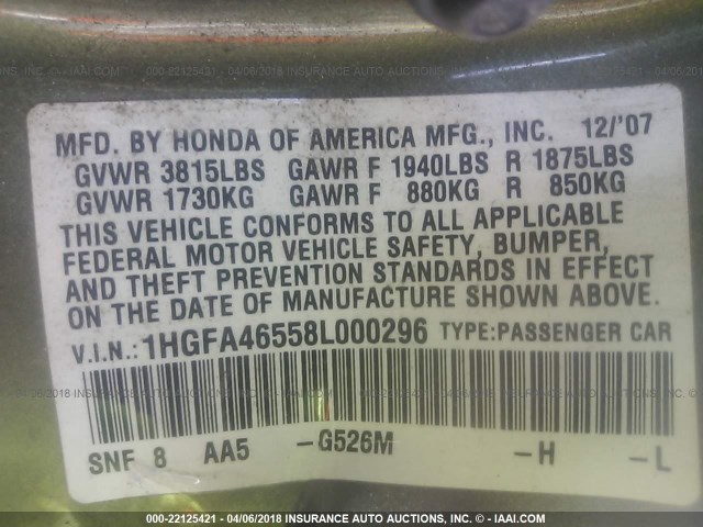 1HGFA46558L000296 - 2008 HONDA CIVIC GX GREEN photo 9