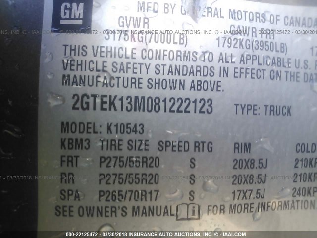 2GTEK13M081222123 - 2008 GMC SIERRA K1500 GRAY photo 9