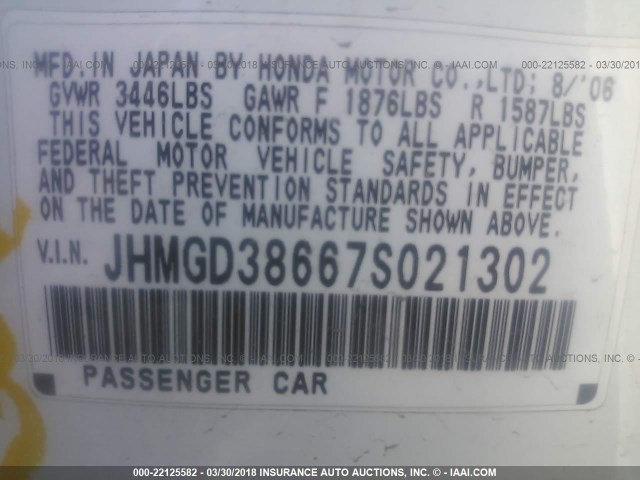 JHMGD38667S021302 - 2007 HONDA FIT S WHITE photo 9