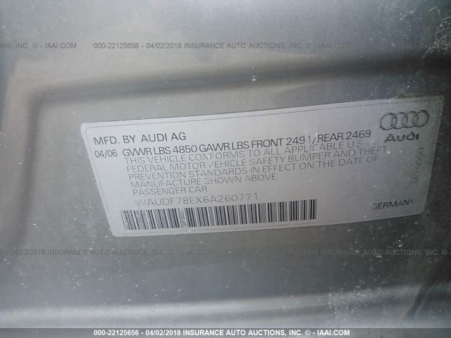 WAUDF78EX6A260771 - 2006 AUDI A4 2.0T QUATTRO GRAY photo 9