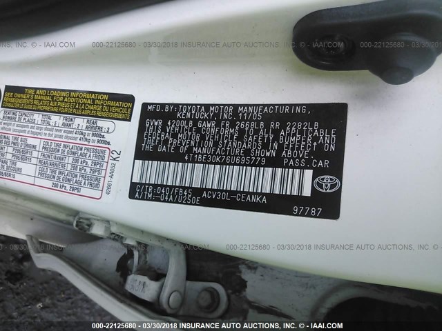 4T1BE30K76U695779 - 2006 TOYOTA CAMRY LE/XLE/SE WHITE photo 9