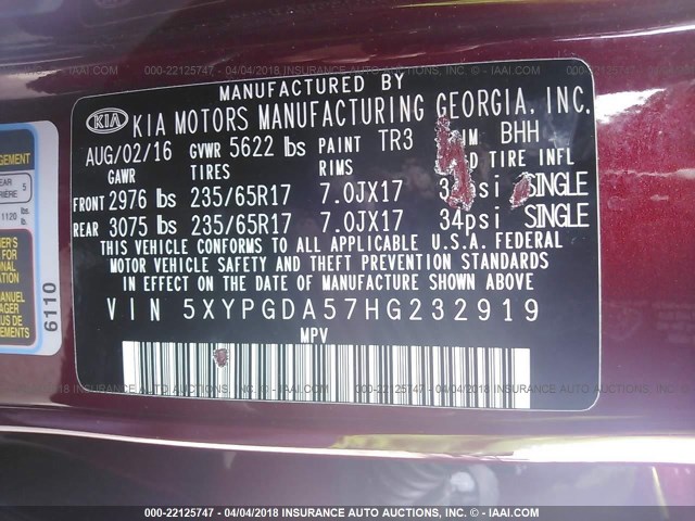 5XYPGDA57HG232919 - 2017 KIA SORENTO LX/L RED photo 9