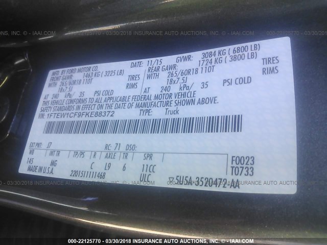 1FTEW1CF9FKE88372 - 2015 FORD F150 SUPERCREW GRAY photo 9