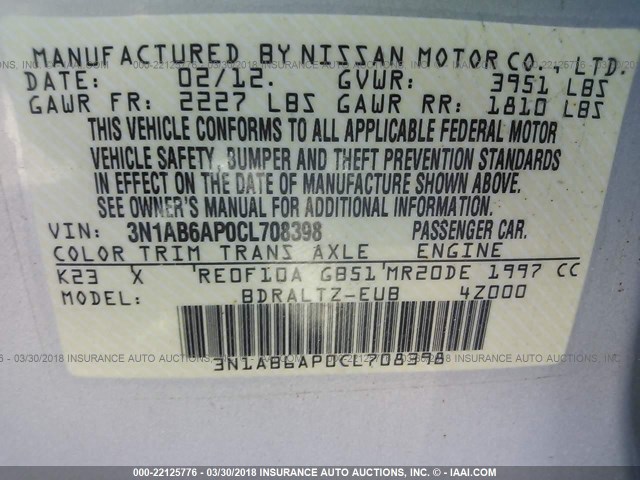 3N1AB6AP0CL708398 - 2012 NISSAN SENTRA 2.0/2.0S/SR/2.0SL SILVER photo 9