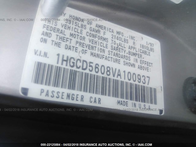 1HGCD5608VA100937 - 1997 HONDA ACCORD SE GRAY photo 9