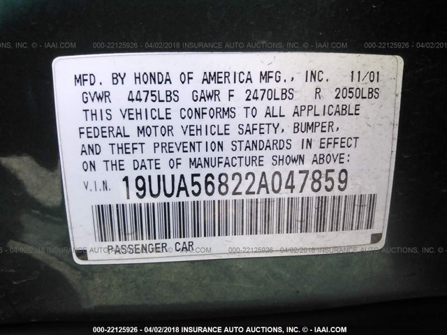 19UUA56822A047859 - 2002 ACURA 3.2TL TYPE-S GREEN photo 9