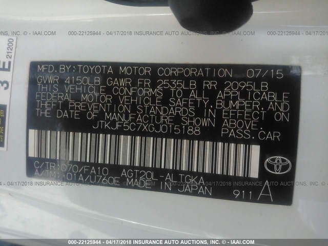 JTKJF5C7XGJ015188 - 2016 TOYOTA SCION TC 白色 照片 9