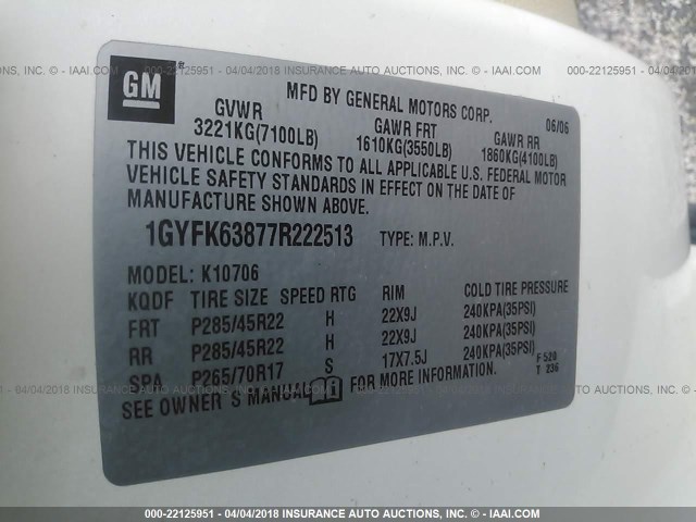 1GYFK63877R222513 - 2007 CADILLAC ESCALADE LUXURY 米色 照片 9