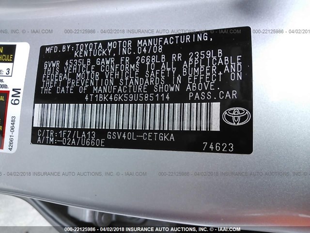4T1BK46K59U585114 - 2009 TOYOTA CAMRY SE/LE/XLE Күміс фото 9