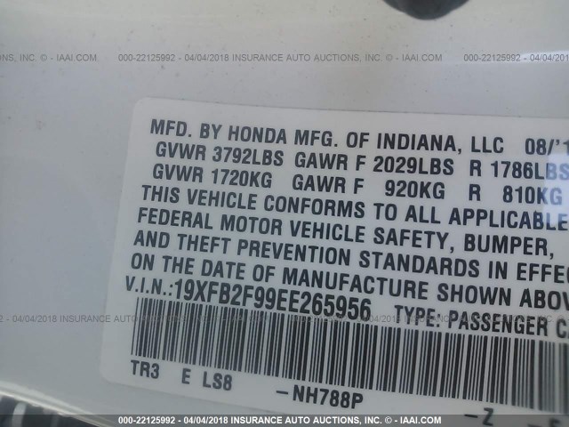 19XFB2F99EE265956 - 2014 HONDA CIVIC EXL WHITE photo 9
