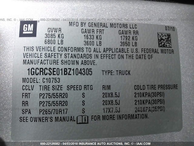 1GCRCSE01BZ104305 - 2011 CHEVROLET SILVERADO C1500 LT SILVER photo 9