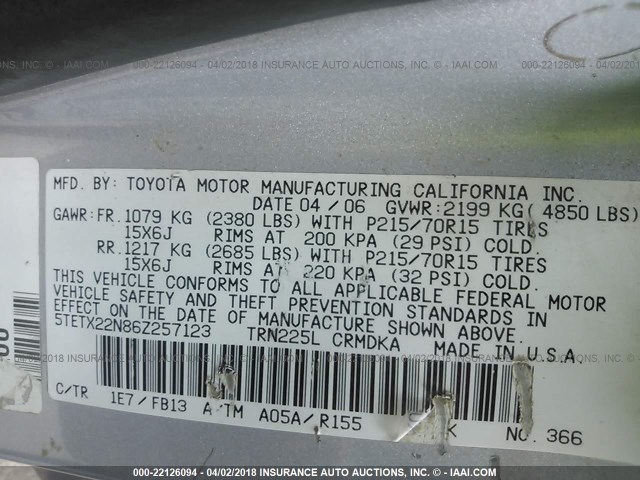 5TETX22N86Z257123 - 2006 TOYOTA TACOMA ACCESS CAB Silber Foto 9