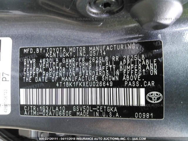 4T1BK1FKXEU026649 - 2014 TOYOTA CAMRY SE/XLE GRAY photo 9